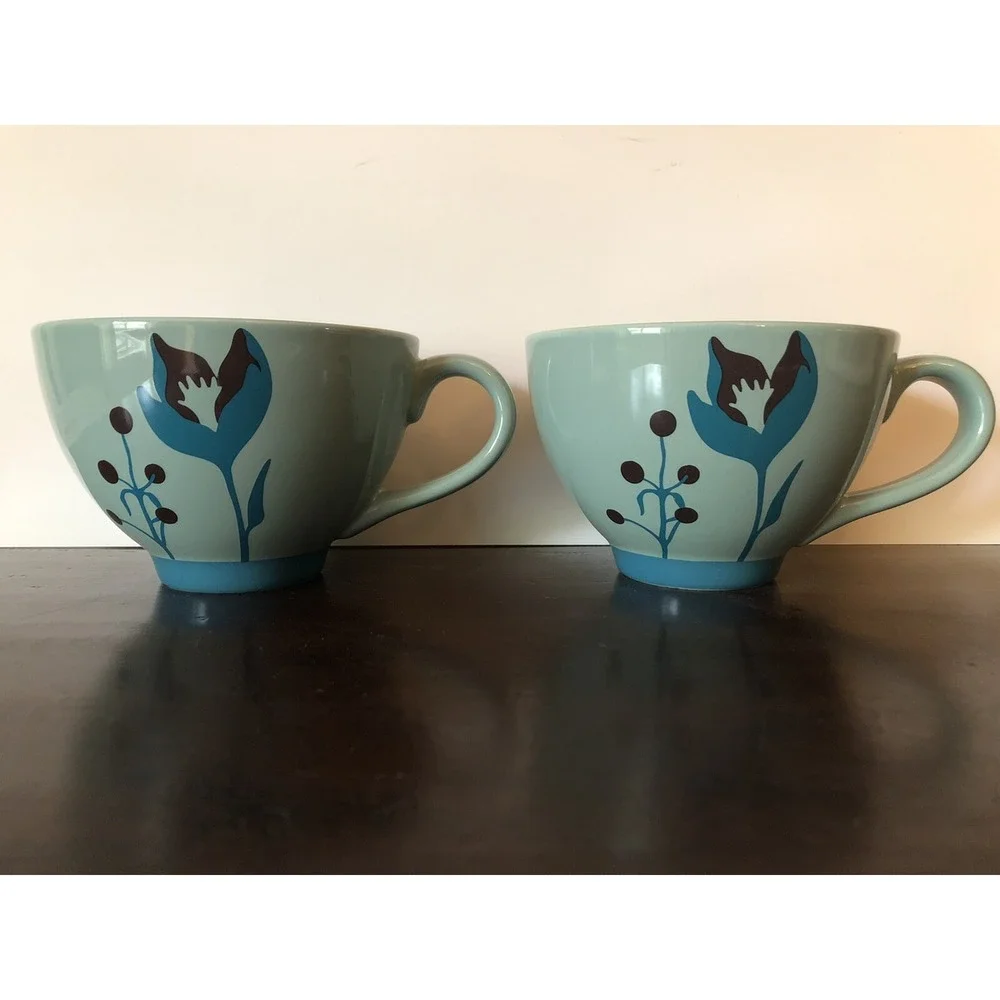 Starbucks Coffee Mug‎ Tea Cup Teal Blue Green Floral Flower Modern 2006 Set of 2